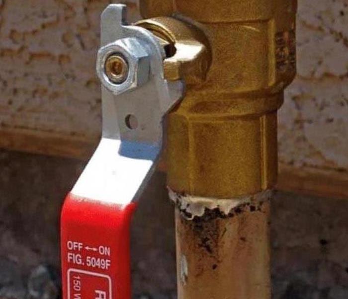 A residential water valve with a red handle is shown.