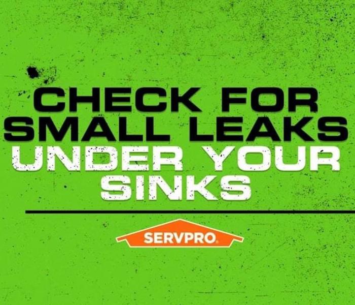 A green square is shown with SERVPRO orange logo and the words “Check for small leaks under your sinks”